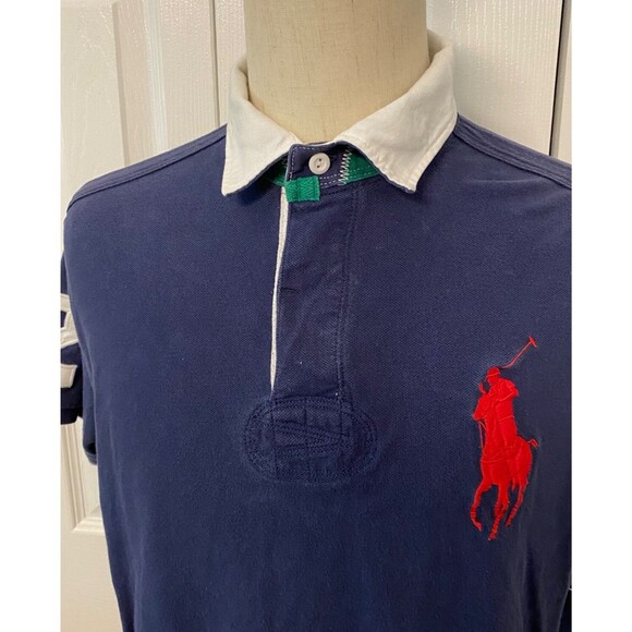 Vtg POLO RALPH LAUREN Cotton Polo Shirt Men's XL Navy BIG PONY Red Custom Fit - Picture 6 of 16
